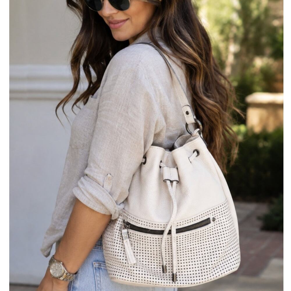 The Sak Leather Bucket Bag Ivory Cream Perforated Drawstring Hobo Shoulder Purse